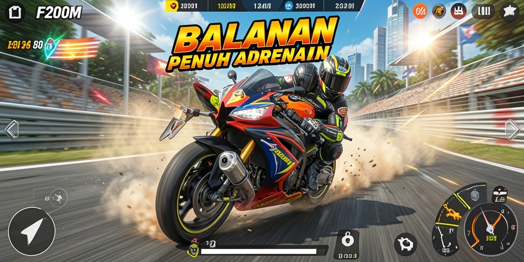 Tampilan menarik dari gameplay F200M dalam balapan motor.