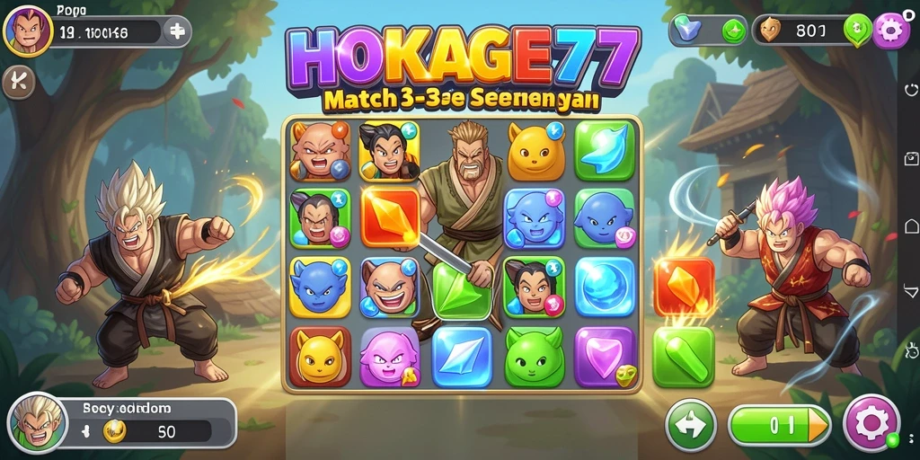 Screenshot HOKAGE77 menampilkan gameplay Match-3 yang penuh warna.