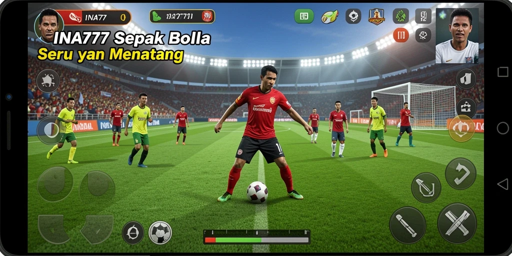 Screenshot gameplay <strong>INA777</strong> menampilkan aksi seru di lapangan sepak bola.