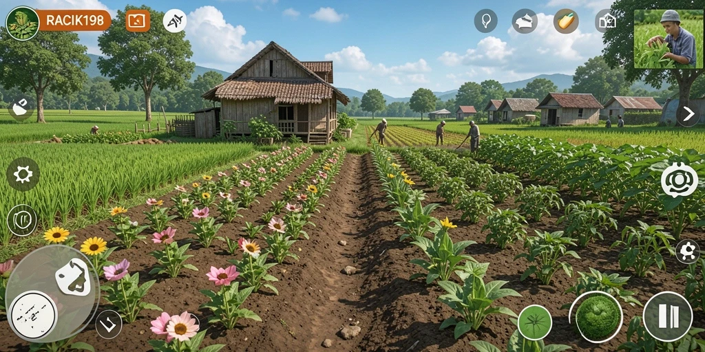 Screenshot gameplay RACIK198 dengan kebun yang subur dan interaksi petani.